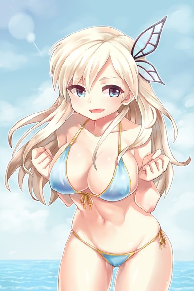 Anime picture 1200x1800 with boku wa tomodachi ga sukunai kashiwazaki sena serin199 single long hair tall image looking at viewer blush breasts open mouth blue eyes light erotic blonde hair large breasts bare shoulders sky cleavage cloud (clouds) teeth bare belly