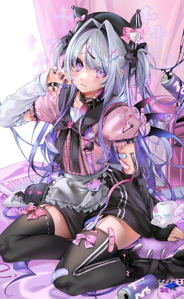 Anime picture 2157x3500 with virtual youtuber indie virtual youtuber rurumi yumemi unxi single tall image looking at viewer blush fringe highres sitting purple eyes payot bent knee (knees) long sleeves very long hair nail polish head tilt multicolored hair arm up