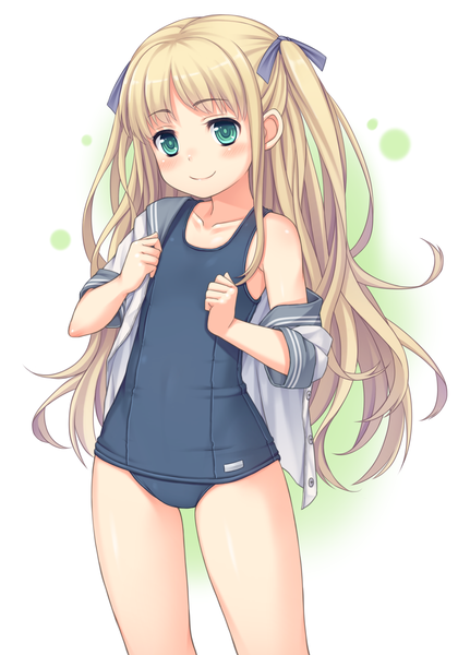 Anime picture 2300x3200 with original namaru (summer dandy) single long hair tall image blush highres breasts light erotic blonde hair smile green eyes flat chest girl swimsuit one-piece swimsuit school swimsuit