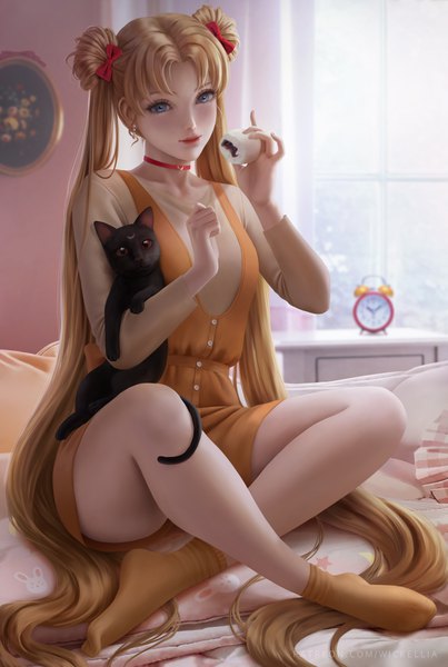 Anime picture 3900x5800 with bishoujo senshi sailor moon toei animation tsukino usagi luna (sailor moon) wickellia single long hair tall image looking at viewer fringe highres blue eyes blonde hair smile sitting holding signed absurdres full body bent knee (knees)