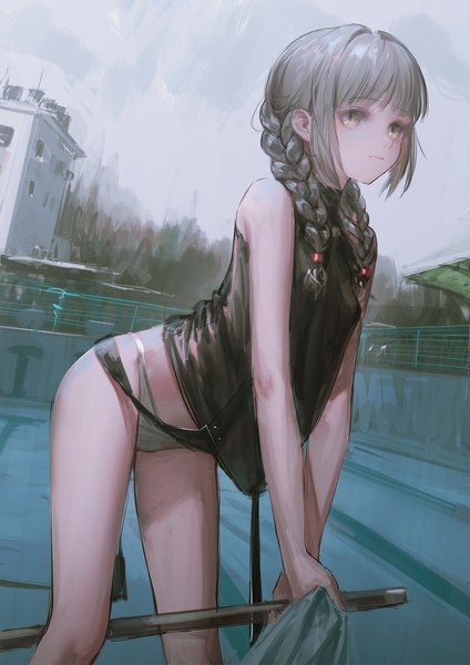 Anime picture 1447x2046 with original reoen single long hair tall image fringe light erotic standing holding yellow eyes looking away sky outdoors blunt bangs braid (braids) grey hair leaning leaning forward sleeveless twin braids
