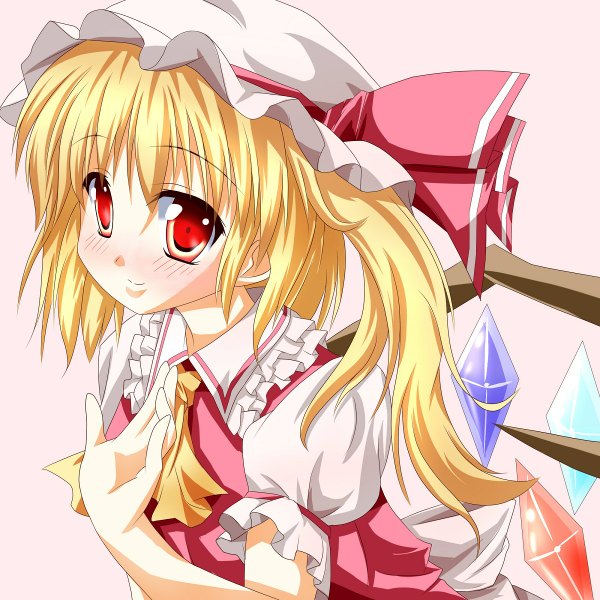 Anime picture 1200x1200 with touhou flandre scarlet single blush short hair blonde hair smile red eyes girl wings frills bonnet crystal