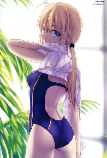 Anime picture 4089x6022 with fate (series) fate/stay night studio deen type-moon artoria pendragon (all) saber takeuchi takashi long hair tall image highres light erotic blonde hair green eyes absurdres ponytail looking back official art wet back girl