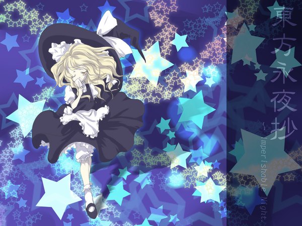 Anime picture 1024x768 with touhou kirisame marisa long hair blonde hair wallpaper witch girl ribbon (ribbons) hair ribbon hat star (symbol) witch hat komomo riri