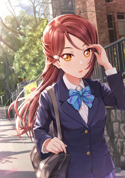 Anime picture 1274x1812 with love live! sunshine!! sunrise (studio) love live! sakurauchi riko shamakho single long hair tall image looking at viewer blush open mouth standing signed payot upper body outdoors red hair wind orange eyes adjusting hair