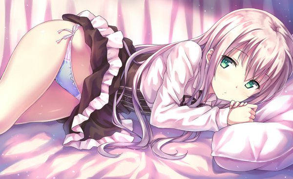 Anime picture 1636x1000 with original nemo (piisukun) single long hair looking at viewer blush fringe light erotic hair between eyes wide image green eyes silver hair indoors lying thighs on side skirt lift girl skirt underwear