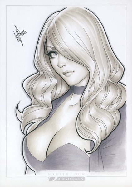 Anime picture 579x821 with dc comics black canary warrenlouw single long hair tall image looking at viewer fringe breasts light erotic simple background lips grey hair hair over one eye silver eyes girl