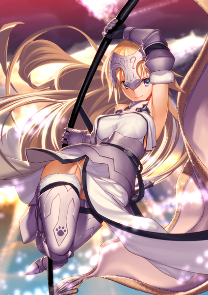 Anime picture 868x1228 with fate (series) fate/grand order jeanne d'arc (fate) (all) jeanne d'arc (fate) akisa (12023648) single long hair tall image looking at viewer breasts blue eyes light erotic blonde hair pantyshot girl thighhighs gloves underwear panties elbow gloves