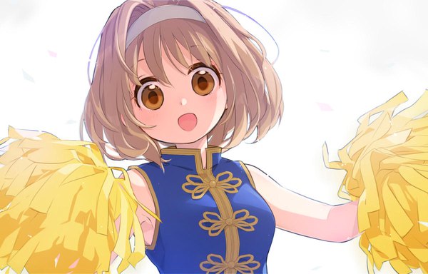 Anime picture 1200x768 with sister princess zexcs kaho (sister princess) koshou shichimi single looking at viewer blush fringe short hair open mouth simple background smile brown hair white background bare shoulders brown eyes upper body sleeveless cheerleader girl