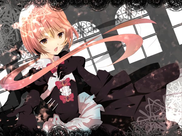 Anime picture 1200x901 with vocaloid nekomura iroha aoi (kirabosi105) single fringe open mouth brown eyes pink hair tail very long hair girl dress gloves bow elbow gloves window