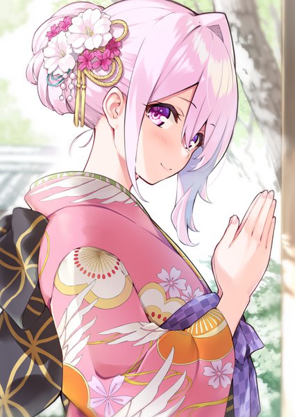 Anime picture 708x1000 with cu-no yayoi sakura hisenkaede single tall image looking at viewer blush fringe short hair smile hair between eyes payot pink hair upper body traditional clothes japanese clothes pink eyes hair flower hair bun (hair buns) alternate hairstyle