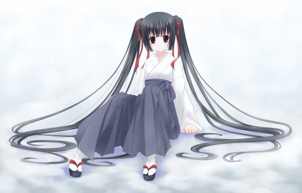 Anime picture 2500x1600 with original coluel single long hair highres black hair red eyes twintails very long hair girl ribbon (ribbons) hair ribbon