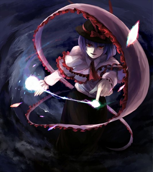 Anime picture 757x852 with touhou nagae iku oburaato single tall image looking at viewer fringe short hair smile red eyes parted lips from above outstretched arm magic girl ribbon (ribbons) hat
