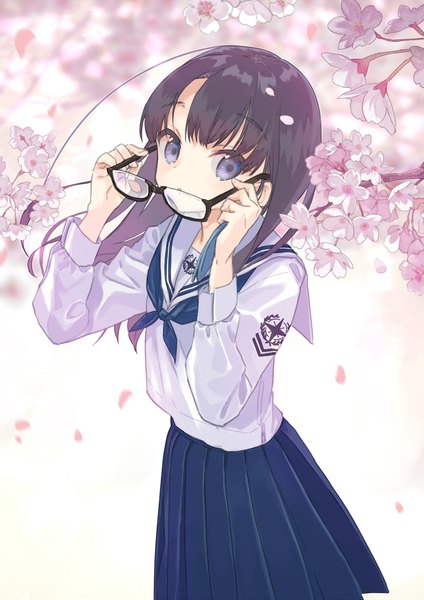 Anime picture 826x1169 with original miyoshino single long hair tall image black hair purple eyes pleated skirt from above cherry blossoms spring eyewear removed girl skirt uniform petals glasses serafuku