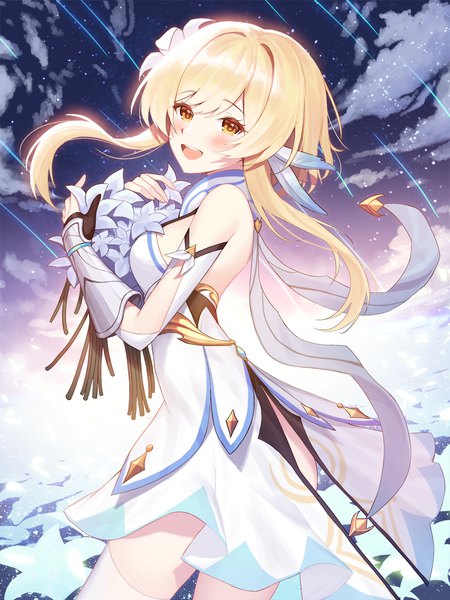 Anime picture 1000x1333 with genshin impact lumine (genshin impact) kyundoo single tall image blush short hair open mouth blonde hair yellow eyes looking away sky cloud (clouds) outdoors :d hair flower side slit girl thighhighs dress