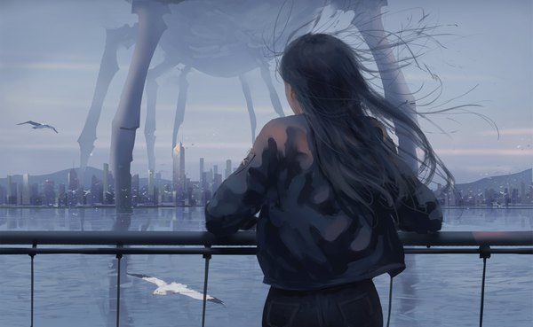 Anime picture 7798x4802 with original wlop single long hair highres black hair wide image standing absurdres sky outdoors wind from behind city cityscape science fiction seaside girl animal jacket