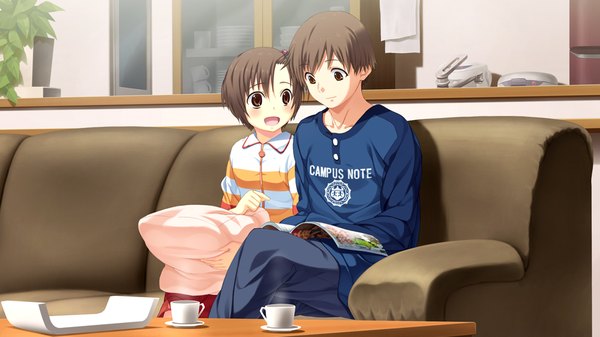 Anime picture 1024x576 with suigetsu 2 blush short hair open mouth brown hair wide image brown eyes game cg couple girl boy couch