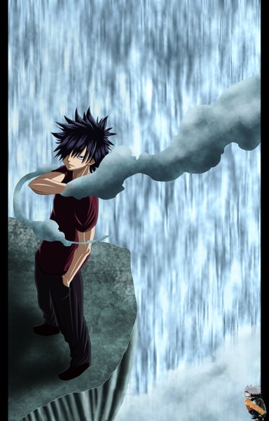 Anime picture 935x1460 with fairy tail gray fullbuster abuamin32 single tall image fringe short hair black hair simple background black eyes hair over one eye coloring muscle framed hand in pocket boy pants