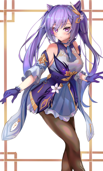 Anime picture 1500x2500 with genshin impact keqing (genshin impact) yahan (mctr5253) single long hair tall image blush fringe breasts simple background hair between eyes white background purple eyes twintails bare shoulders payot looking away purple hair girl dress
