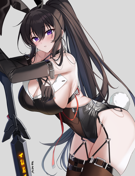 Anime picture 4738x6184 with counter:side yoo mina maett single long hair tall image looking at viewer blush fringe highres breasts light erotic black hair simple background hair between eyes standing purple eyes bare shoulders signed animal ears