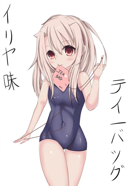 Anime picture 786x1100 with fate (series) fate/kaleid liner prisma illya type-moon illyasviel von einzbern cksl62 (harmonics) single long hair tall image blush light erotic simple background red eyes white background grey hair girl navel swimsuit one-piece swimsuit thread red thread