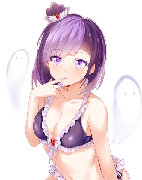 Anime picture 680x860 with cookie run blackberry cookie mery (yangmalgage) single tall image blush fringe short hair breasts light erotic simple background white background purple eyes looking away purple hair finger to mouth girl frilled bikini