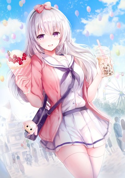 Anime picture 827x1169 with original yuuri (mafuyu) mafuyu long hair tall image looking at viewer blush fringe open mouth hair between eyes standing purple eyes holding sky silver hair cloud (clouds) outdoors pleated skirt dutch angle solo focus