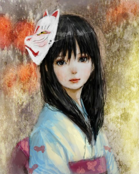 Anime picture 804x1000 with original pon00000 (pixiv) single long hair tall image looking at viewer fringe black hair simple background traditional clothes japanese clothes black eyes mask on head girl kimono mask fox mask