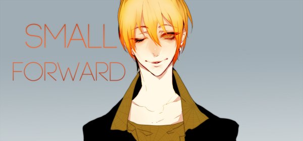 Anime picture 1600x750 with kuroko no basket production i.g kise ryouta xianrou men single looking at viewer short hair simple background blonde hair smile wide image one eye closed wink inscription grey background orange eyes text english boy earrings