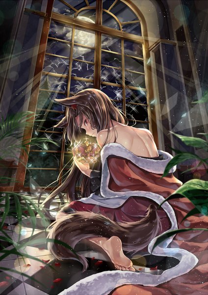 Anime picture 626x885 with touhou imaizumi kagerou kakao rantan single long hair tall image looking at viewer sitting bare shoulders holding animal ears full body indoors tail animal tail barefoot night sparkle night sky turning head