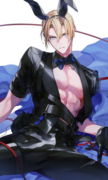 Anime picture 1000x1670 with fire emblem fire emblem: three houses nintendo dimitri alexandre blaiddyd danhu single tall image looking at viewer fringe short hair blue eyes light erotic simple background blonde hair hair between eyes signed animal ears short sleeves bunny ears alternate costume