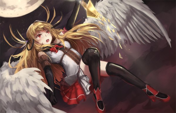 Anime picture 1316x848 with eiyuu densetsu alisa leinfort newnand single long hair blush blonde hair red eyes looking away bent knee (knees) night zettai ryouiki outstretched arm white wings falling broken weapon girl thighhighs dress gloves