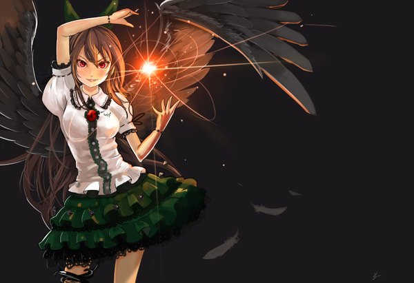 Anime picture 1276x875 with touhou reiuji utsuho prototype-d (artist) single long hair simple background red eyes brown hair magic black wings girl dress bow hair bow wings feather (feathers)