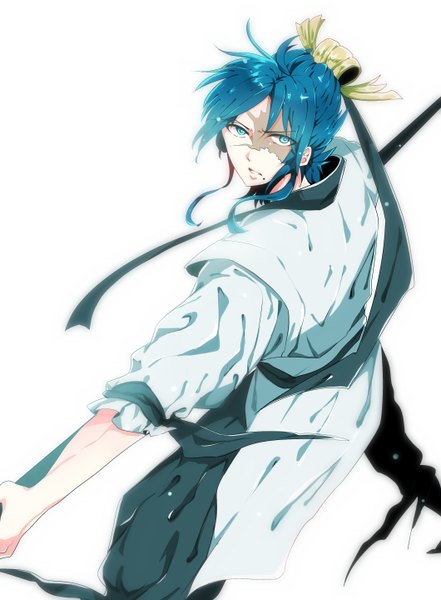 Anime picture 2120x2880 with magi the labyrinth of magic a-1 pictures ren hakuryuu hkm (hsk10) single tall image looking at viewer fringe highres short hair blue eyes simple background white background blue hair mole mole under mouth fighting stance angry boy arabian clothes