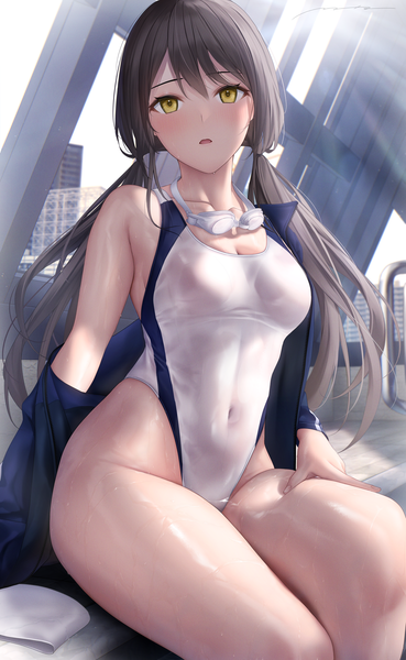 Anime picture 2894x4712 with original mhru single long hair tall image looking at viewer blush fringe highres breasts open mouth light erotic hair between eyes brown hair sitting twintails signed yellow eyes indoors sunlight