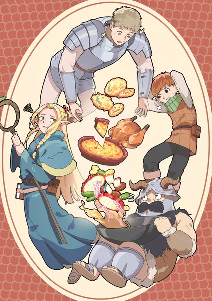 Anime picture 3307x4677 with dungeon meshi studio trigger marcille donato laios touden senshi (dungeon meshi) chilchuck tims hanten (hantennano) long hair tall image highres short hair blonde hair brown hair green eyes absurdres full body pointy ears black eyes multiple boys arms behind head