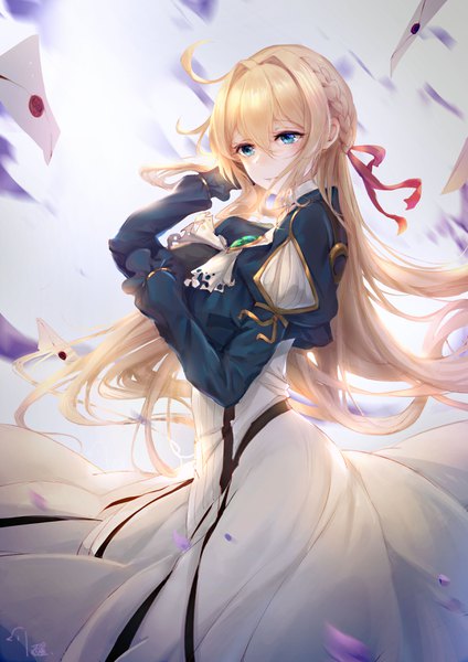 Anime picture 2480x3507 with violet evergarden kyoto animation violet evergarden (character) xing single long hair tall image blush fringe highres blue eyes blonde hair smile hair between eyes standing looking away ahoge braid (braids) wind puffy sleeves