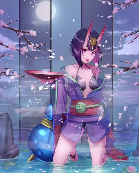 Anime picture 1400x1750 with fate (series) fate/grand order shuten douji (fate) sawarineko single tall image looking at viewer fringe short hair breasts light erotic smile purple eyes bare shoulders holding sky purple hair cloud (clouds) full body long sleeves