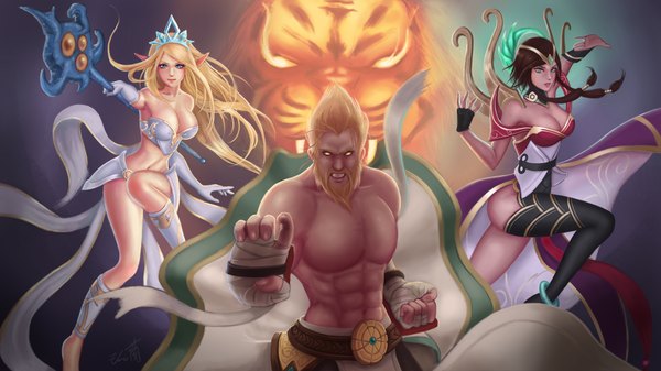 Anime picture 1920x1080 with league of legends janna windforce karma (league of legends) udyr (league of legends) eliskalti long hair looking at viewer highres short hair breasts blue eyes light erotic black hair blonde hair wide image multiple girls green eyes yellow eyes pointy ears fighting stance