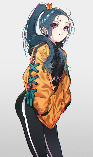 Anime picture 533x900 with original nicocco (guru) single long hair tall image simple background smile standing payot blue hair looking away ponytail pink eyes grey background open jacket piercing ear piercing :3 hands in pockets fashion