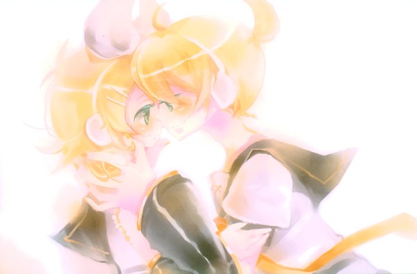 Anime picture 6061x3996 with vocaloid kagamine rin kagamine len shimeko highres short hair simple background blonde hair smile white background green eyes absurdres profile scan face to face twins incest twincest girl boy