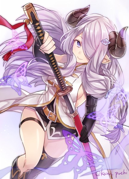 Anime picture 575x800 with granblue fantasy narmaya (granblue fantasy) yuzuki karu single long hair tall image looking at viewer fringe breasts light erotic large breasts purple eyes twintails holding signed purple hair bent knee (knees) braid (braids) horn (horns) light smile