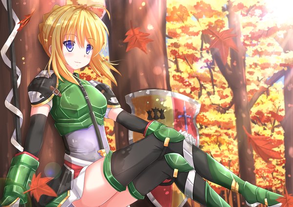 Anime picture 1280x905 with original kazenokaze single looking at viewer blush short hair blue eyes blonde hair sitting girl thighhighs gloves weapon black thighhighs plant (plants) tree (trees) elbow gloves leaf (leaves) spear shield