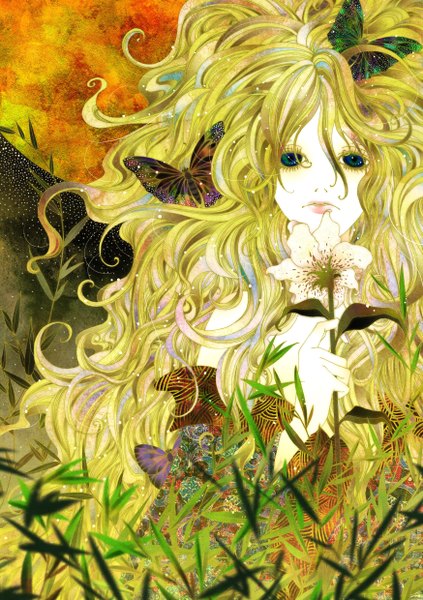 Anime picture 1748x2480 with q pixiv: free tuberosa nao (artist) single long hair tall image highres blue eyes blonde hair bare shoulders very long hair japanese clothes night wavy hair undressing girl flower (flowers) plant (plants) kimono insect butterfly