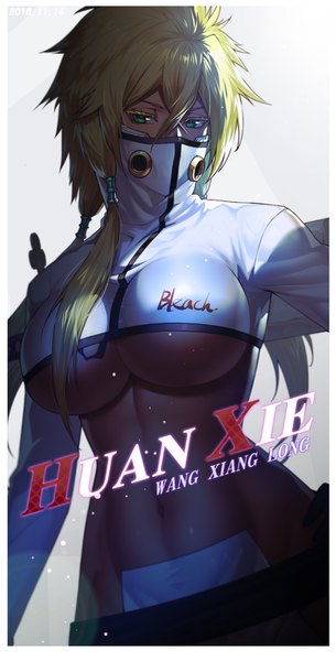 Anime picture 764x1500 with bleach studio pierrot tia harribel huang xie single long hair tall image looking at viewer fringe breasts light erotic simple background blonde hair hair between eyes large breasts standing white background twintails green eyes signed