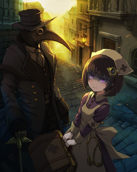 Anime picture 1002x1259 with original ume (illegal bible) tall image looking at viewer fringe short hair smile brown hair purple eyes holding outdoors blunt bangs sunlight city shaded face cityscape nurse backlighting bob cut alley