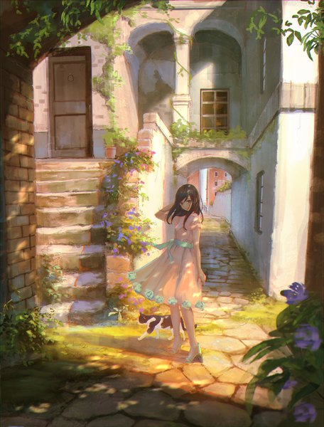 Anime picture 1200x1578 with original sho (shoichi-kokubun) single long hair tall image looking at viewer black hair standing outdoors arm up sunlight shadow short sleeves high heels arms behind head alley girl dress flower (flowers) ribbon (ribbons)