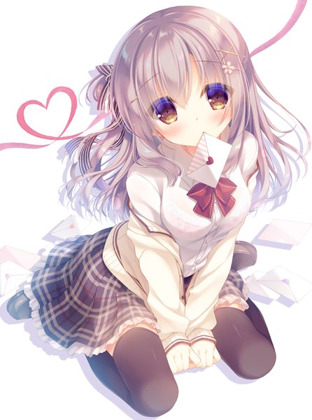 Anime-Bild 743x1000 mit original yukie (peach candy) single long hair tall image looking at viewer blush fringe light erotic simple background white background sitting holding brown eyes full body bent knee (knees) pleated skirt grey hair off shoulder mouth hold