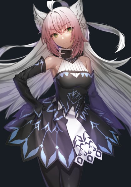 Anime picture 1200x1714 with fate (series) fate/grand order atalanta (fate) atalanta (alter) (fate) kyoungi nyang single long hair tall image looking at viewer fringe breasts simple background hair between eyes standing bare shoulders green eyes animal ears ahoge braid (braids) multicolored hair
