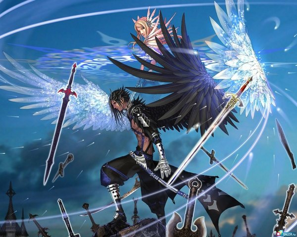 Anime picture 1280x1024 with anima wen-m black hair blonde hair brown eyes sky light smile spread arms flying angel wings angel boy weapon armor building (buildings) huge weapon huge sword